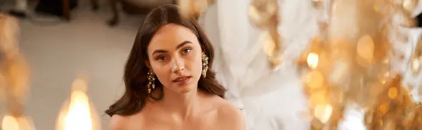A young woman with graceful poise captivates in a vintage dress adorned with exquisite jewelry, banner — Stock Photo