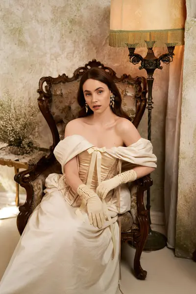 A beautiful young woman dressed elegantly lounges on a vintage chair, exuding timeless charm. — Stock Photo