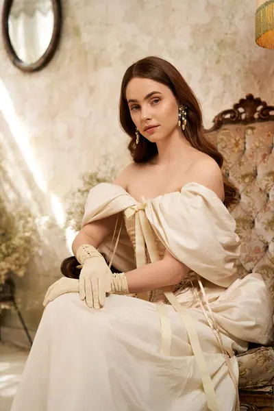 A graceful young woman in a vintage dress embodies timeless beauty and elegance. — Stock Photo