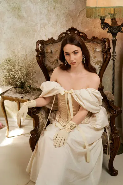 A charming young woman in a vintage dress sits elegantly, exuding beauty and poise. — Stock Photo