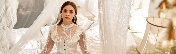 A graceful young woman in a vintage lace dress exudes timeless beauty, banner — Stock Photo