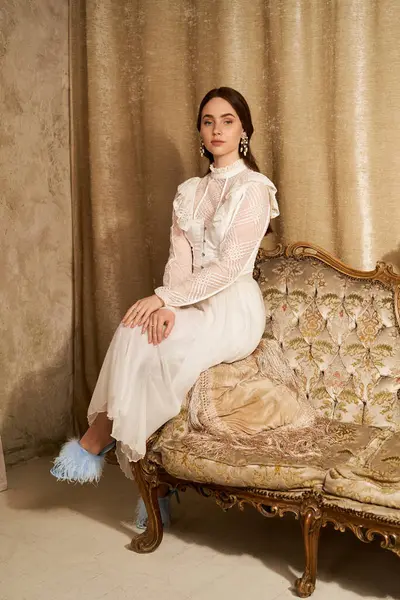 Uma bela jovem mulher senta-se graciosamente em um sofá ornamentado, incorporando elegância vintage e charme. — Fotografia de Stock