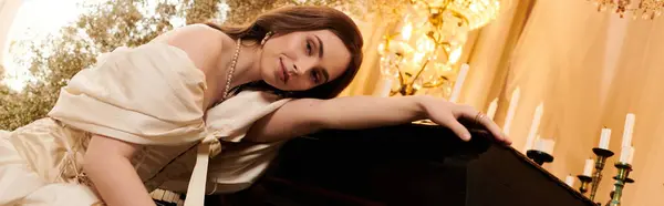 A chic young woman relaxes by a grand piano in a vintage-themed setting, exuding beauty, banner — Stock Photo