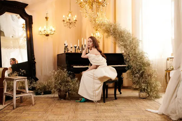 In a dreamy setting, a young woman radiates elegance while sitting by a grand piano. — Stock Photo