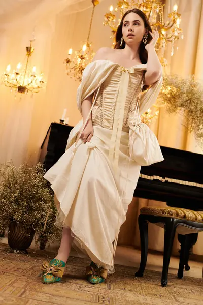 A young woman in a vintage dress stands gracefully, enhancing elegant aesthetics in a cozy setting. — Stock Photo