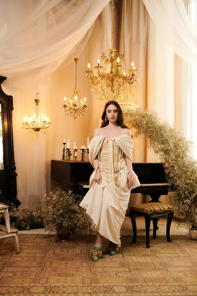 A beautiful young woman poses in an exquisite vintage dress surrounded by soft lighting and decor. — Stock Photo