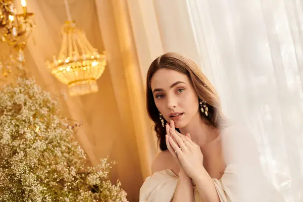 A stunning young woman with flowing hair poses gracefully, bathed in soft light and vintage charm. — Stock Photo