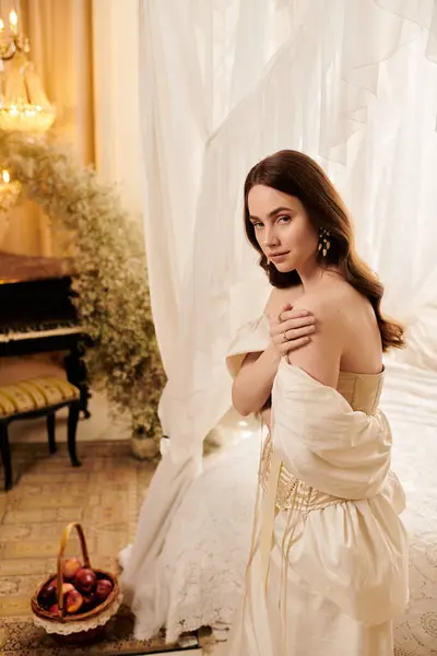 A graceful young woman in a vintage dress glows in a softly lit, luxurious setting. — Stock Photo