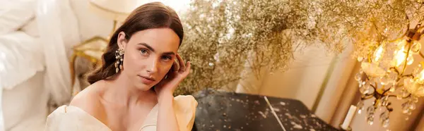 A young woman showcases beauty and elegance in a vintage dress amid delicate floral arrangements, banner — Stock Photo