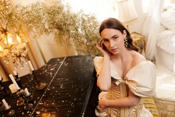 In a softly lit space, a young woman in an exquisite vintage dress exudes elegance and charm. — Stock Photo