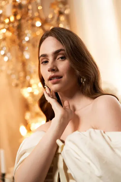 Una bella giovane donna in un abito elegante irradia beatitudine in un ambiente vintage pieno di calore. — Foto stock