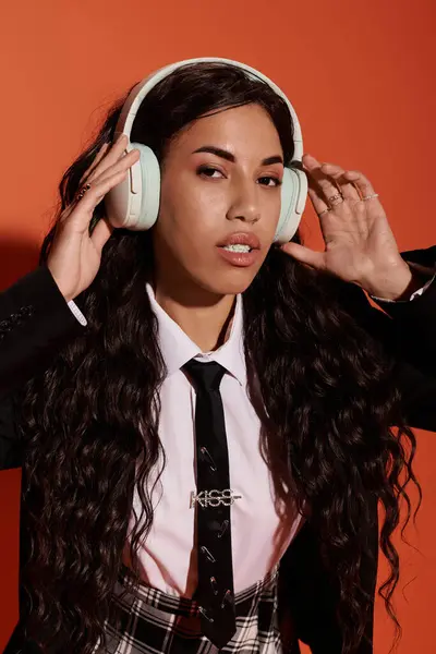 A young woman with beautiful long hair enjoys her favorite tunes while surrounded by warm colors. — Stock Photo