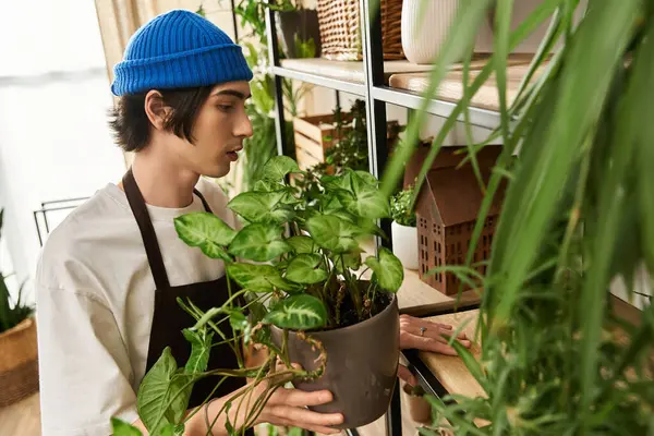 Skilled young man engages in transplanting beautiful plants while surrounded by greenery indoors. — Stock Photo