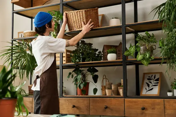 A handsome young man diligently cultivates plants and arranges decorative items in his studio space. — Stock Photo