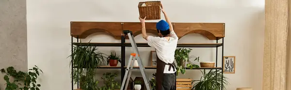 Young man with a blue hat organizes plants in a stylish studio, enhancing the vibrant atmosphere. — Stock Photo