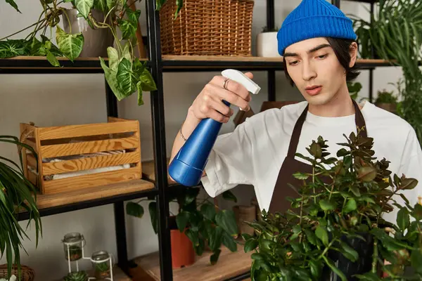 Young man carefully watering and transplanting green plants in a bright indoor studio. — Stock Photo