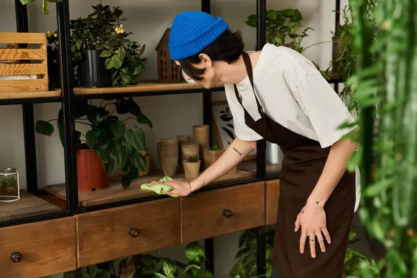 Handsome young man lovingly tending to plants while transplanting them in a bright workshop. — Stock Photo