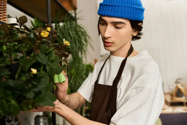 A young man carefully transplants vibrant plants in a cozy studio filled with greenery and sunlight. — Stock Photo