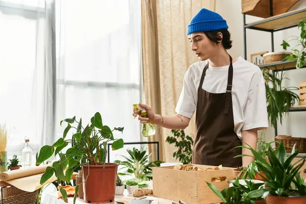A young man in a creative studio carefully transplants plants while nurturing his green thumb. — Stock Photo