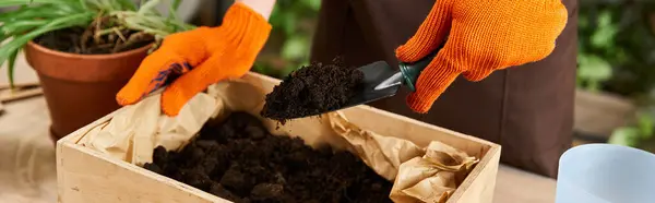 Handsome young man skillfully transfers soil while transplanting green plants in studio. — Stock Photo