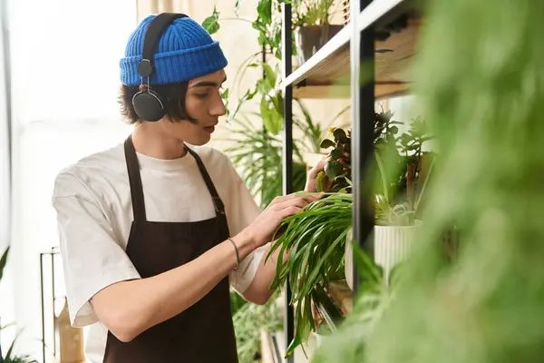 Handsome young man wearing headphones nurtures plants while transplanting them in a cozy studio. — Stock Photo