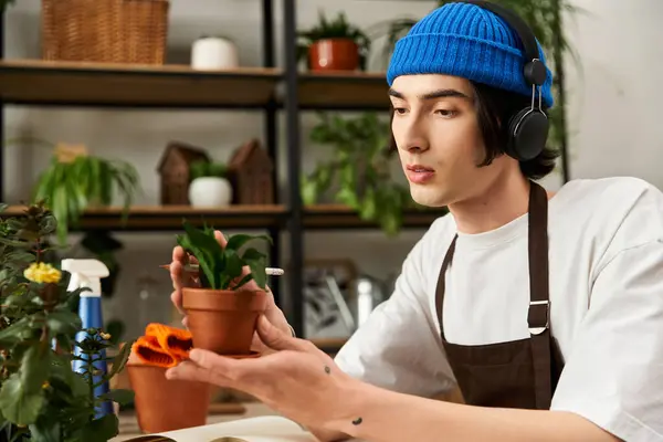 In a bright studio, a young man diligently transplants a plant into a new pot. — Stock Photo