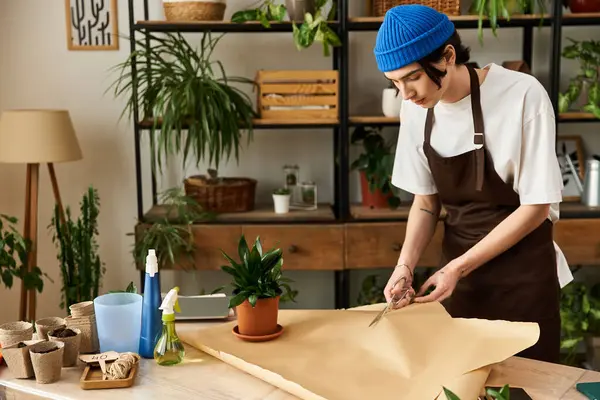 A young man preparing to transplant flowers amid lush greenery in a studio. — Stock Photo
