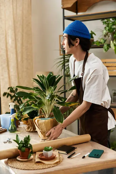 A young man with a blue beanie is transplanting plants in a sunny studio filled with greenery. — Stock Photo