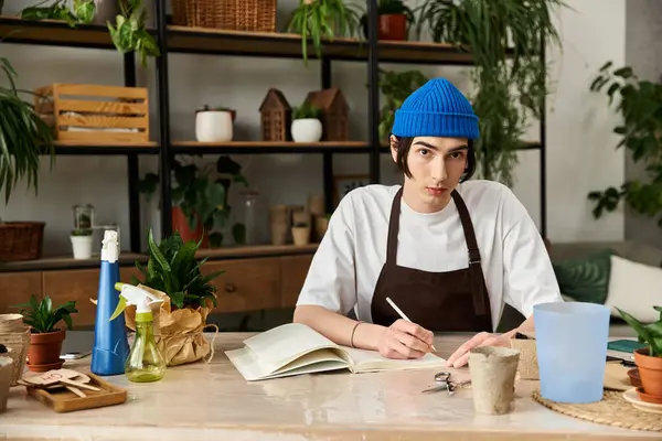 Young man focuses on transplanting plants while organizing his gardening notes in a bright studio — Stock Photo