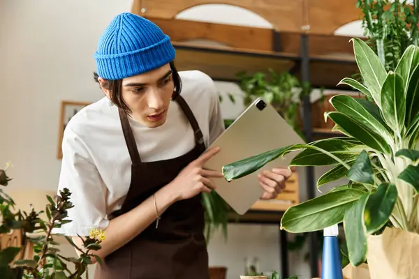 Young man skillfully transplants plants while utilizing a digital tablet for guidance in his studio. — Stock Photo