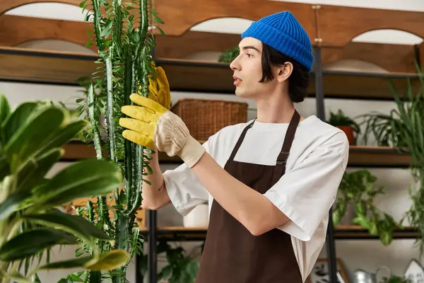 A young man in gloves skillfully transplants vibrant plants in a bright studio. — Stock Photo
