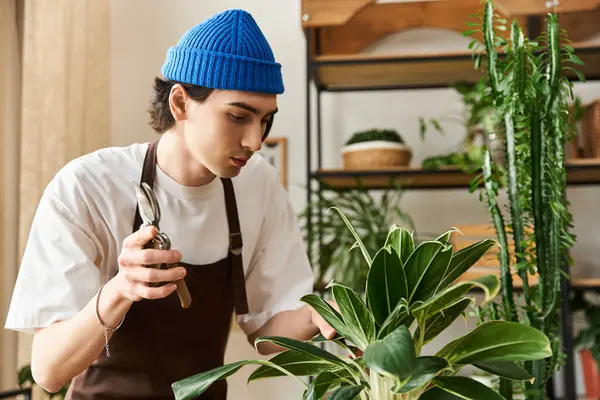 Young man carefully tends to greenery in a bright studio setting. — Stock Photo