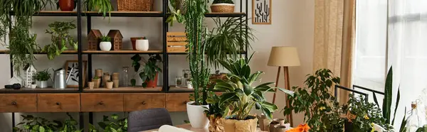A contemporary room full of greenery and various pots on table and vibrant shelves. — Stock Photo