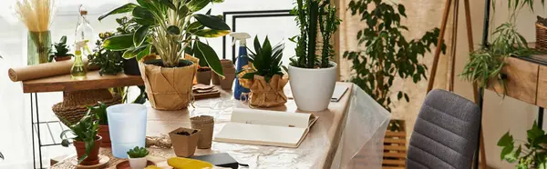 Modern wooden table full of lush green plants and various pots in well lit studio. — Stock Photo