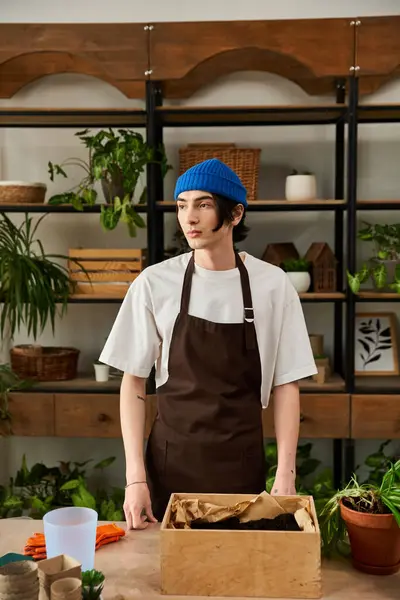 A young man in a brown apron is transplanting potted plants in a studio. — Stock Photo