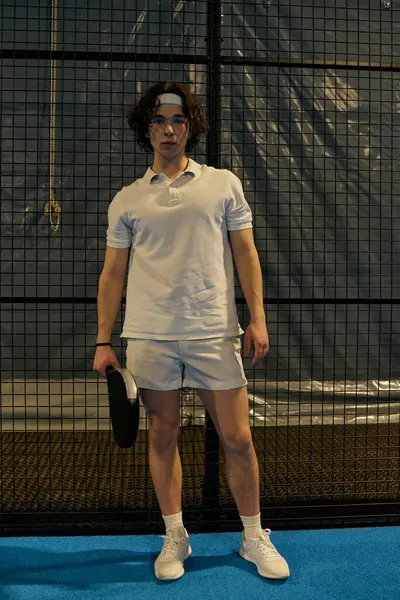Athletic young man plays padel wearing comfortable sportswear in an indoor setting. — Stock Photo