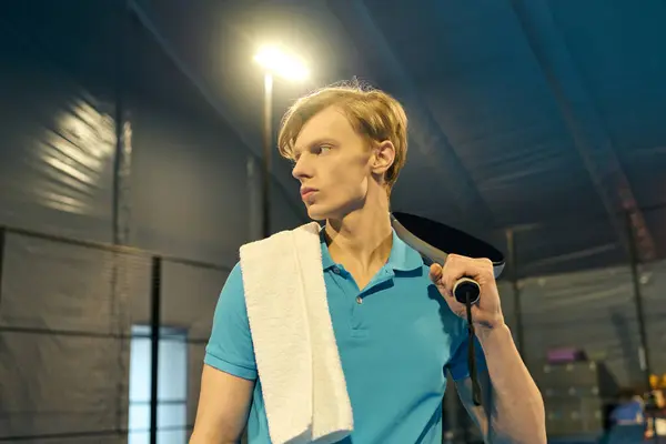 A young athlete stands on the padel court, towel over his shoulder, ready to play. — Stock Photo