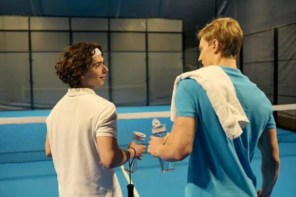 Two young men, sporting athletic gear, prepare for an energetic padel game in a lively environment. — Stock Photo
