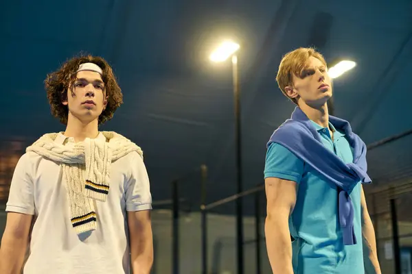 Young men engage in an intense padel match, displaying athletic skill and teamwork on court. — Stock Photo