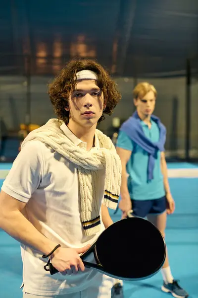 Young men showcase teamwork and skill in an intense padel match filled with excitement. — Stock Photo
