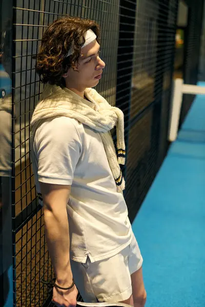 A young sportsman takes a break during an exciting match on a vivid padel court. — Stock Photo