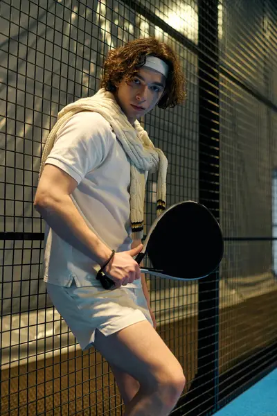 A young athlete on the padel court, enjoying the sport in stylish attire. — Stock Photo