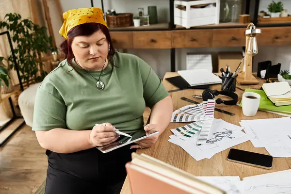 Elegant woman showcases her creativity at an art studio, surrounded by design materials and ideas. — Stock Photo