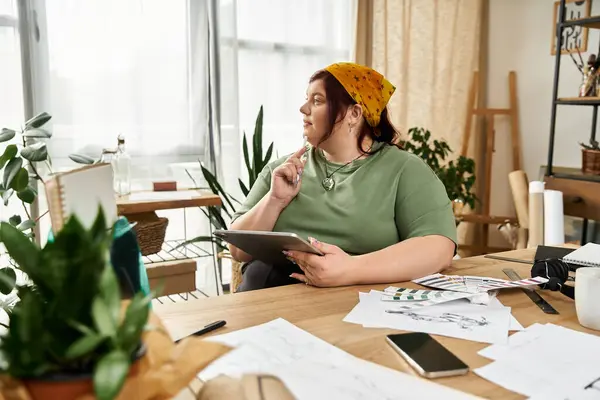 Mujer elegante y bonita absorta en pensamientos creativos mientras está rodeada de suministros de arte y plantas - foto de stock