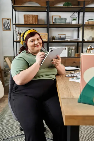 En un estudio de arte brillante, una mujer bonita dibuja alegremente en una tableta, mostrando su creatividad. - foto de stock