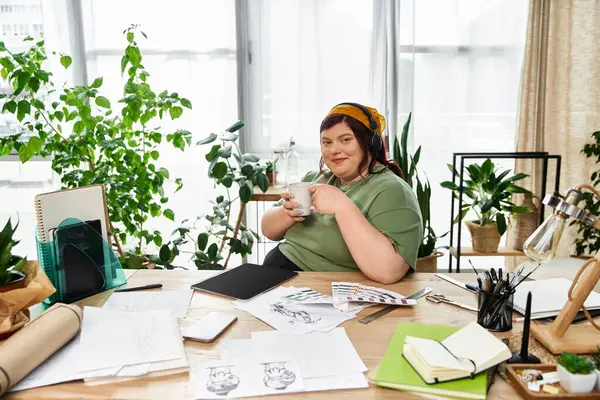 Elegant woman sits at a cluttered art studio table, savoring her drink amidst creative sketches. — Stock Photo