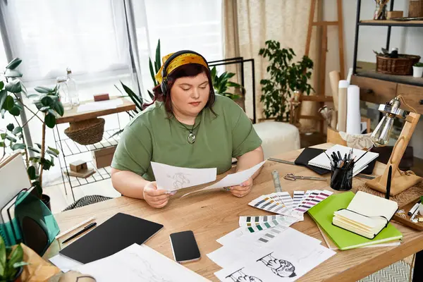 A pretty woman studies art sketches in her chic studio, surrounded by plants and creative materials. — Stock Photo