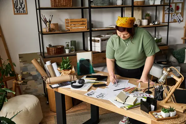 A focused woman draws at her art studio, immersed in creativity and inspiration. — Stock Photo