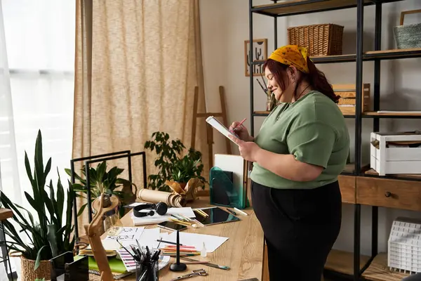 Colorful art studio comes alive as a talented woman sketches ideas, surrounded by creativity. — Stock Photo