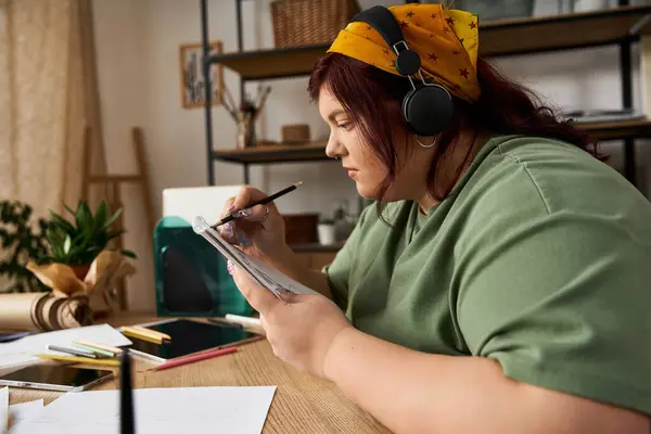 A woman in headphones sketches intently in a cozy art studio filled with creative supplies. — Stock Photo
